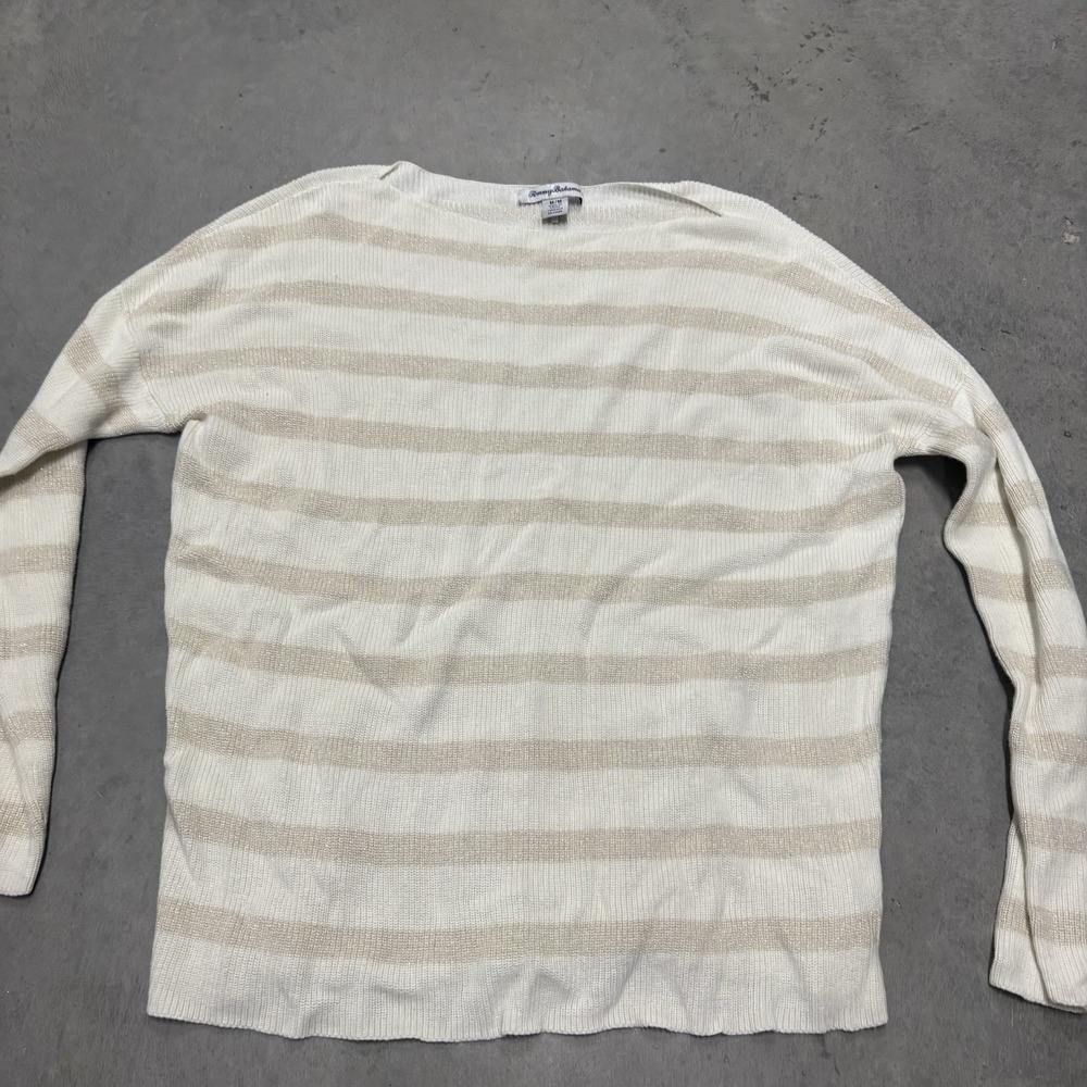 Tommy Bahama Women's‎ Sweater Sparkly Striped White Size Medium Long Sleeve